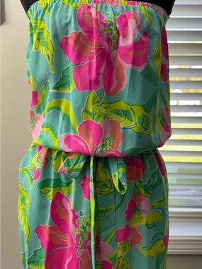 Lilly Pulitzer Aqua Strapless Floral Romper with Pink and Lime Blooms